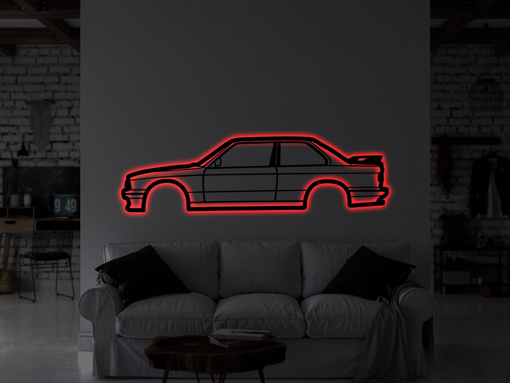 BMW E30 M3 Metal Car Wall Art With Neon Light - Artifay Decor