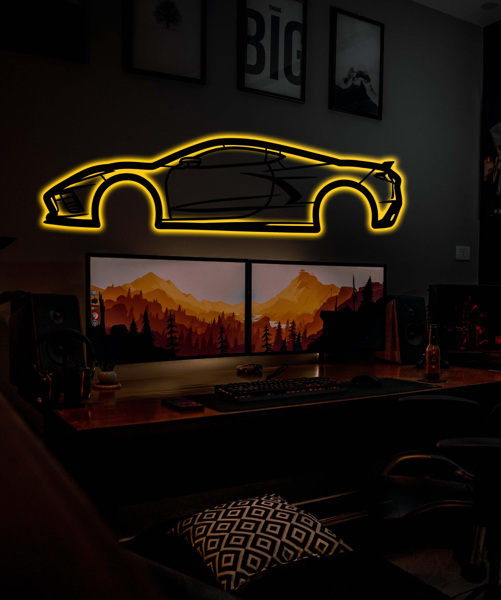 Chevrolet C8 Metal Car Wall Art With Neon Light - Artifay Decor