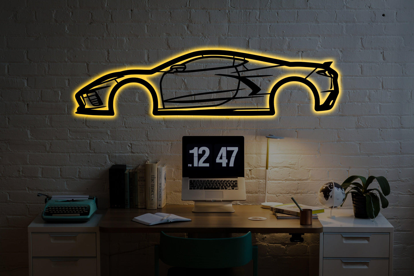 Chevrolet C8 Metal Car Wall Art With Neon Light - Artifay Decor