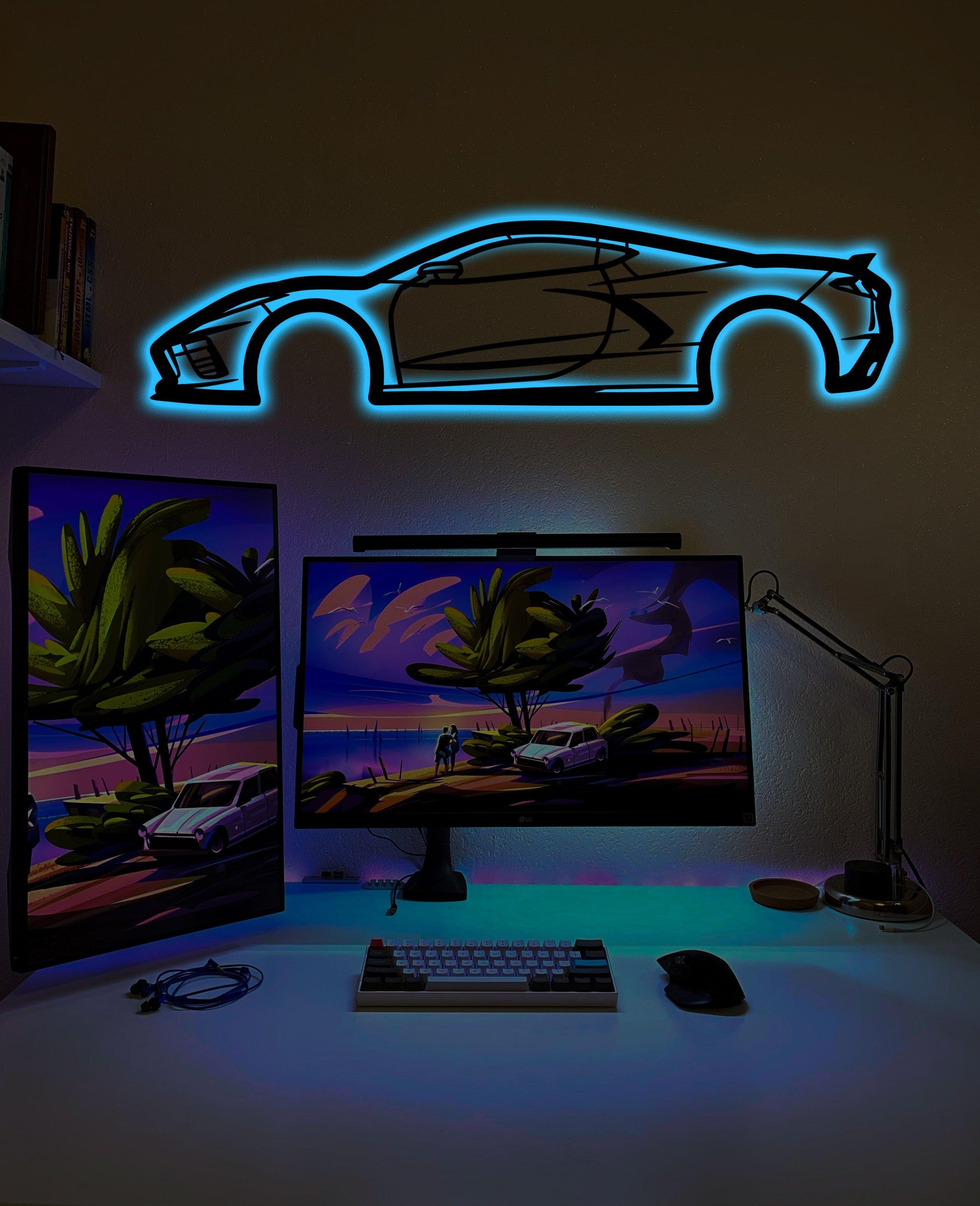 Chevrolet C8 Metal Car Wall Art With Neon Light - Artifay Decor