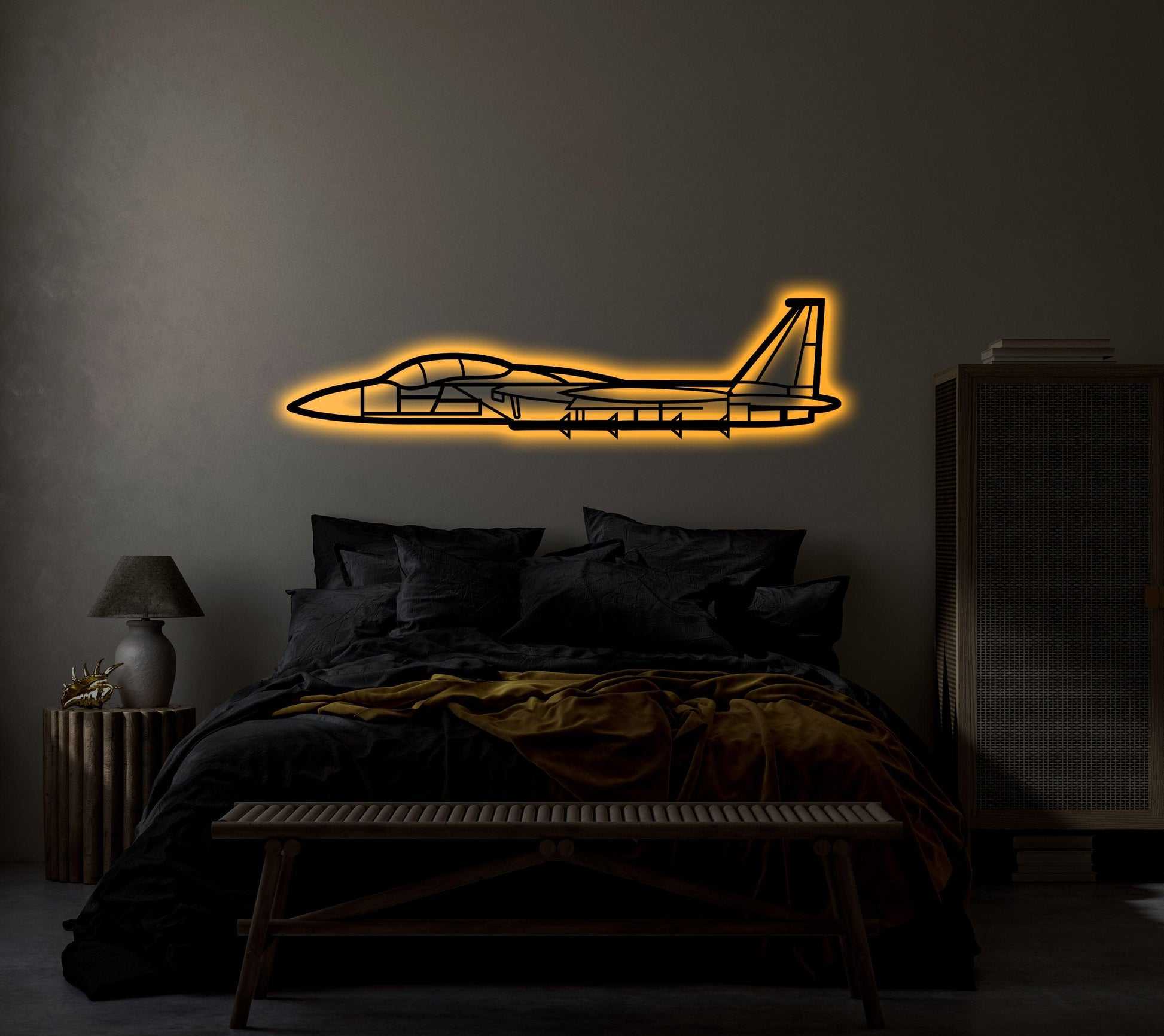 F15 Strike Eagle Aircraft Metal Wall Art With Neon Light - Artifay Decor